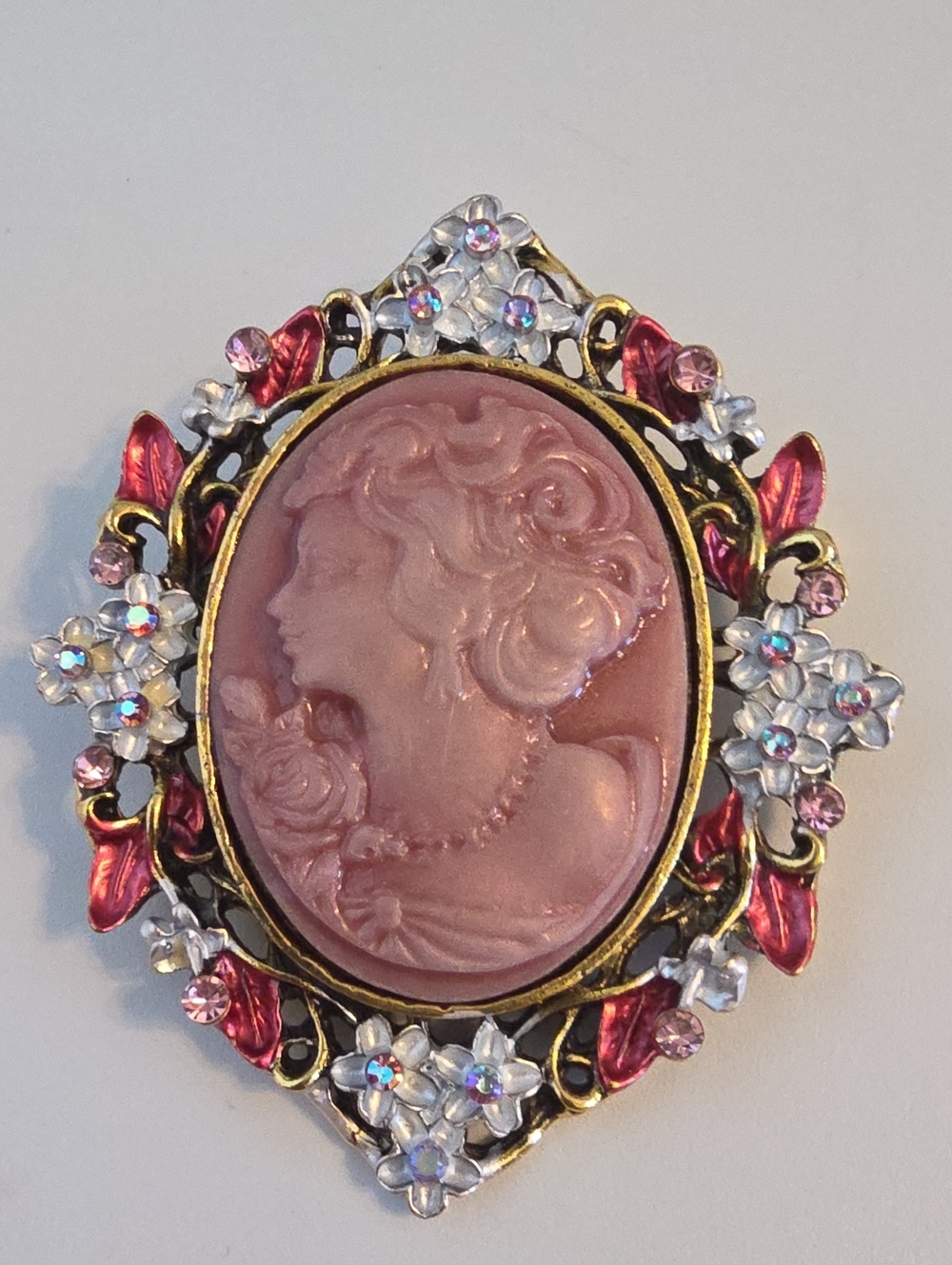 Vintage Pink Cameo Brooch Pendant Victorian Revival Gold Filigree Enamel Pin